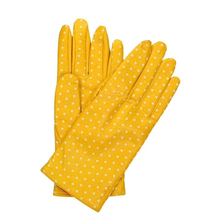 Rękawiczki damskie pięciopalcowe żółte w kropki