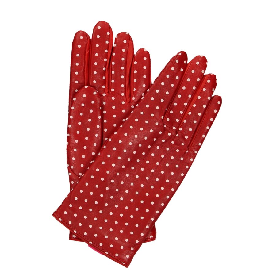 Rękawiczki damskie pięciopalcowe czerwone w kropki