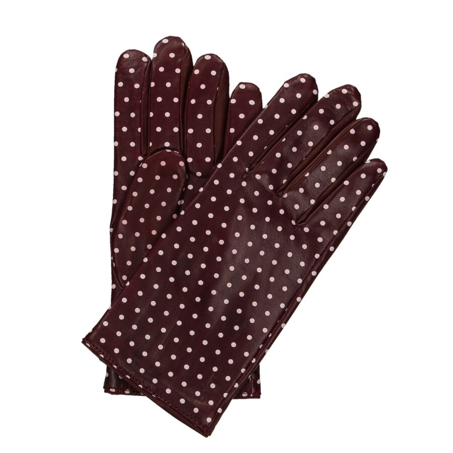Rękawiczki damskie pięciopalcowe śliwkowe w kropki