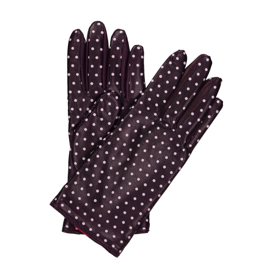Rękawiczki damskie pięciopalcowe fioletowe w kropki