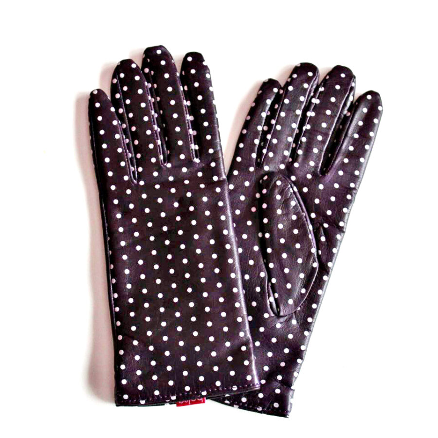 Rękawiczki damskie pięciopalcowe dwukolorowe fioletowe w kropki