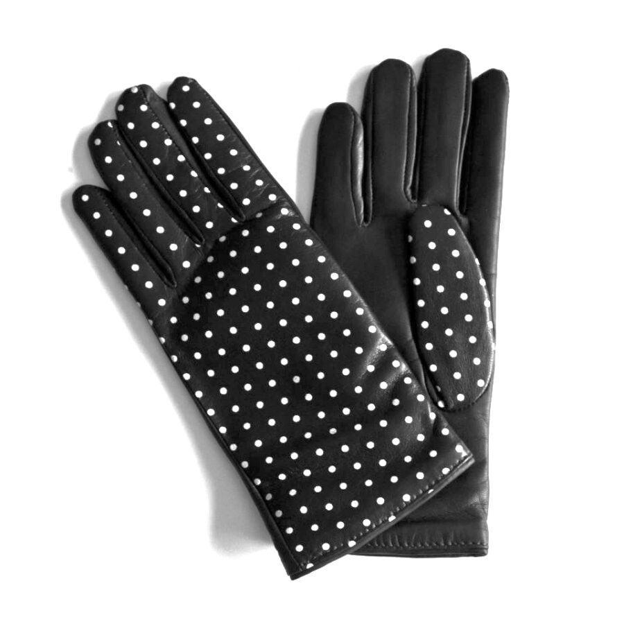 Rękawiczki damskie pięciopalcowe dwukolorowe czarne w kropki/ czarne